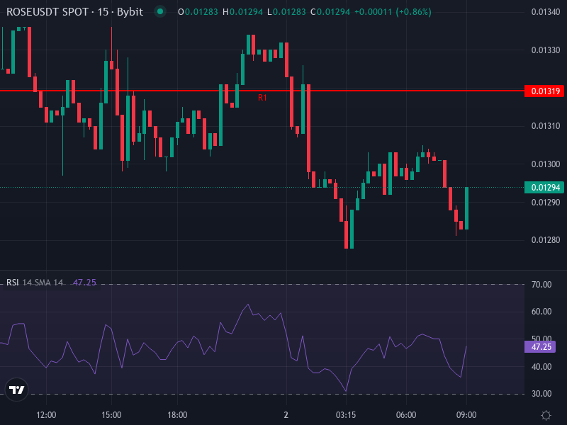ROSE/USDT advanced chart with trend lines and indicators
